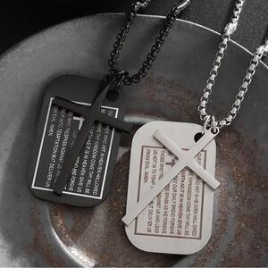 Dog Tags Style Stainless Steel Engraved Scripture Cross Pendant Necklace NWT